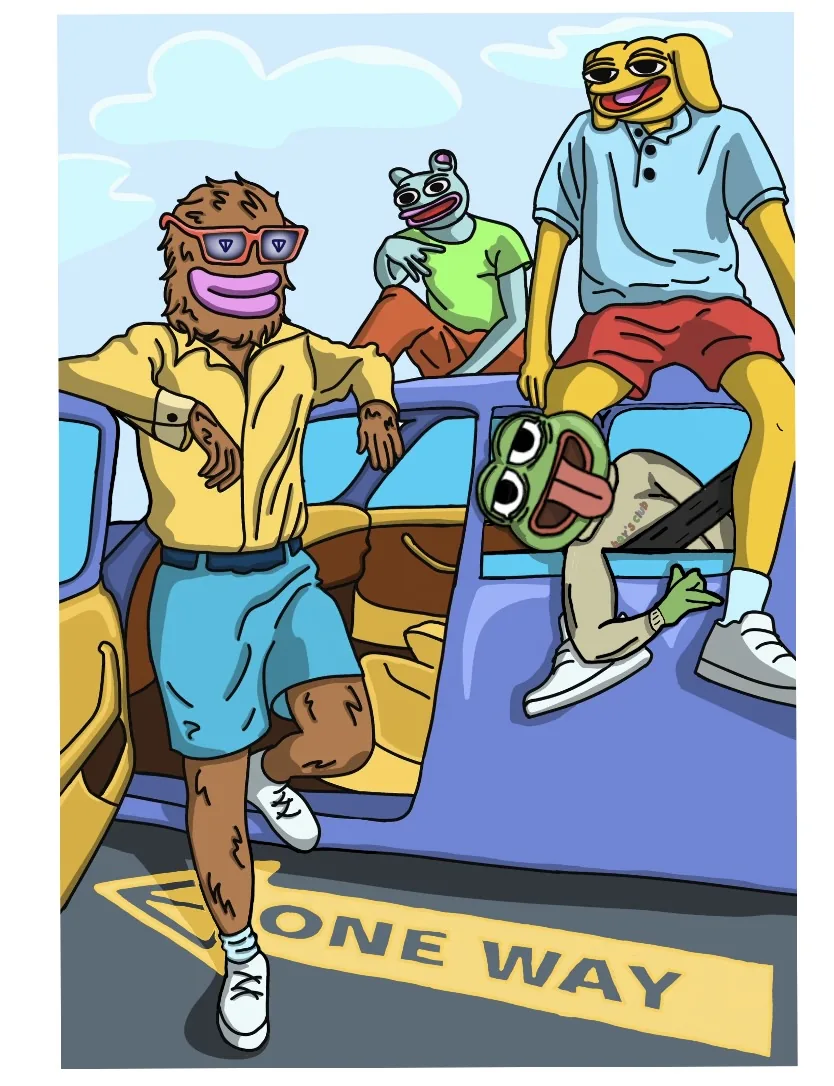 Landwolf, Brett, Andy and Pepe hanging around a parked car over a ONE WAY road marking